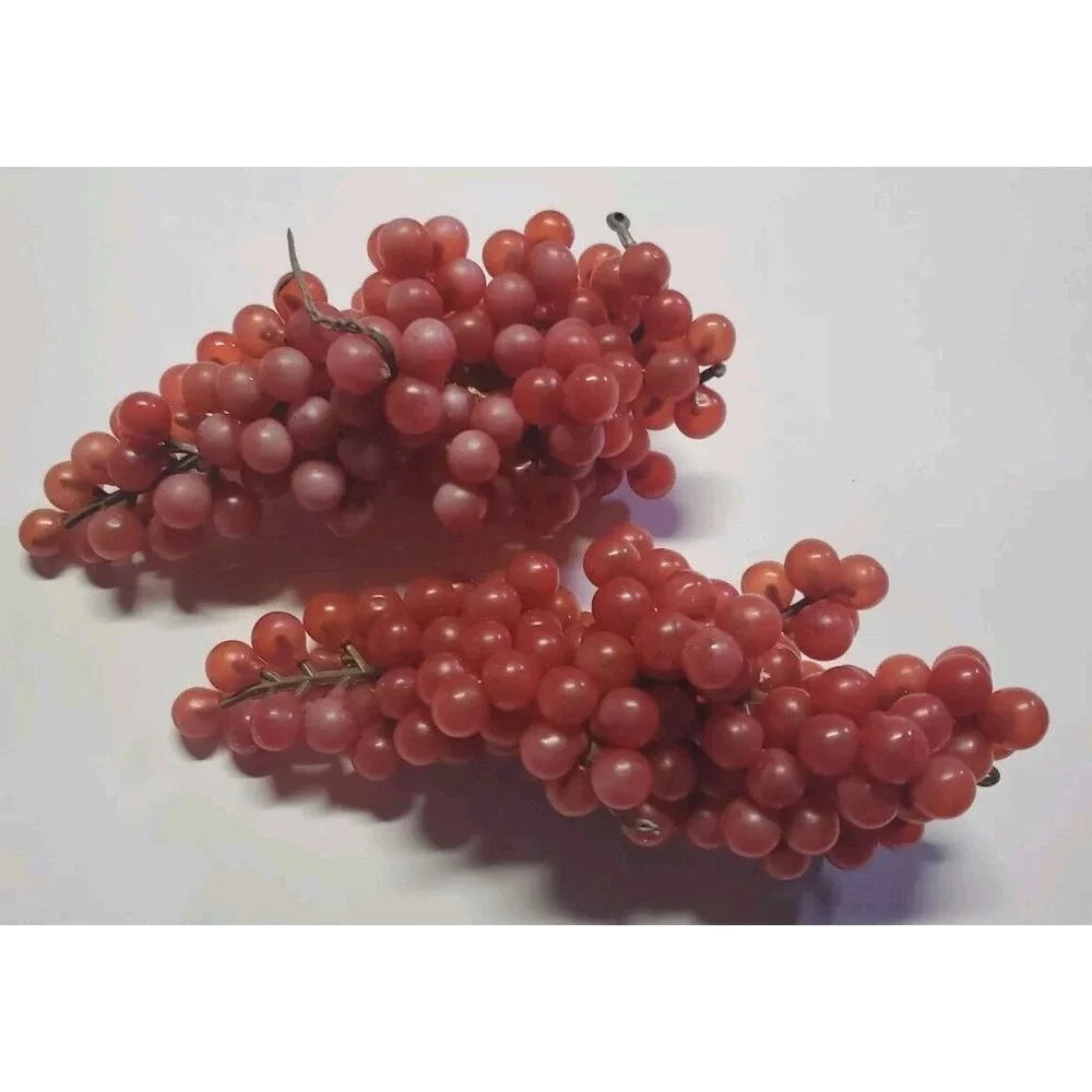 Vintage Faux Fruit Grape Clusters Pair Pink Red Rubber Plastic Decor MCM Prop